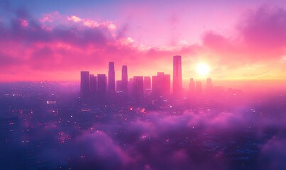 City skyline sunset, aerial view, pink clouds, urban landscape, travel photography