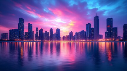 Fototapeta premium City skyline sunset reflection, urban lake