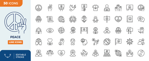 Peace line editable icon set. Containing peace, dove, harmony, tranquility, freedom, peace day and more. Vector illustration