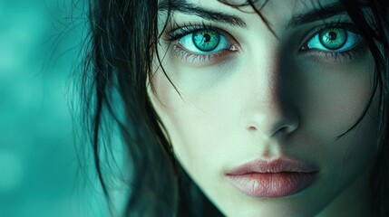 Fototapeta premium Close-up portrait of a woman with striking green eyes and wet hair.