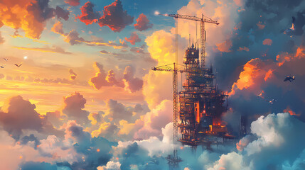 Fototapeta premium Construction project visionary. Dream - Clouds. Illustration