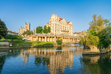 Morning scenery of Pulteney weir at River Avon in city of Bath, Somerset. England