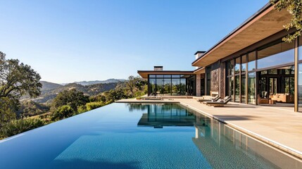Modern house with infinity pool overlooking hills.