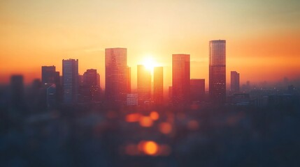 Fototapeta premium Cityscape sunset, urban skyline, golden hour, buildings, atmospheric