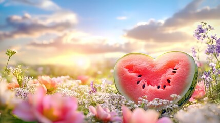 Fototapeta premium Sweet Watermelon Summer Heart Shaped Slice in Vibrant Flower Field at Sunset Idyllic Summertime Scene Peaceful Nature Photography Delightful Summer 