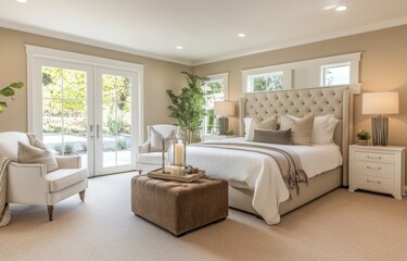 Fototapeta premium Modern bedroom with patio view. Possible use Interior design photography