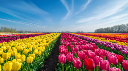 A breathtaking landscape of tulips in bloom, with a rainbow of colors stretching across the fields under the clear blue sky.