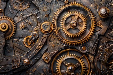 A detailed image of interlocking gears with a steampunk aesthetic, A steampunk-inspired design with mechanical gears and clockwork