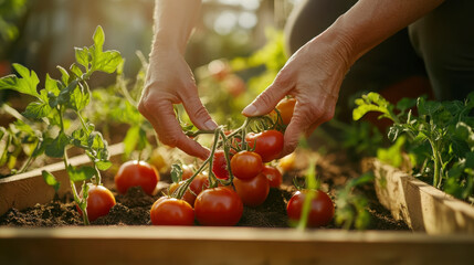 Organic gardening scene with hands planting tomatoes in sunlit garden