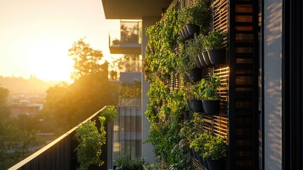 Sunset Urban Balcony Garden: Verdant Wall of Plants in Black Pots