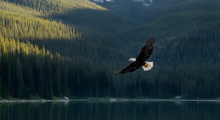Bald Eagle Soaring Over Serene Mountain Lake and Forest