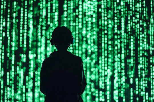 Silhouette of a hacker against a background of green code and a digital matrix