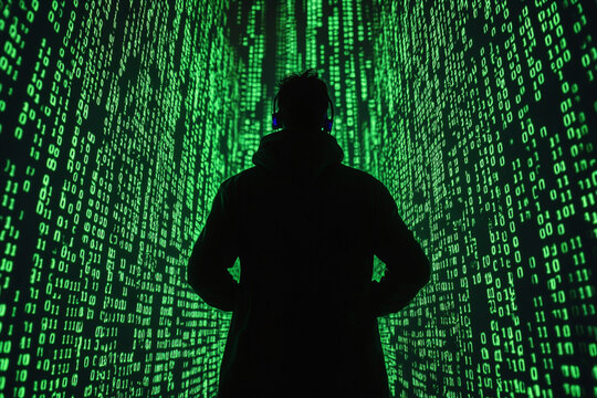 Silhouette of a hacker against a background of green code and a digital matrix