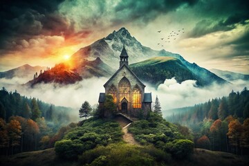 Aerial Double Exposure: Abandoned Appalachian Church & Mountain Landscape