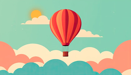 Fototapeta premium Simple Flat Vector Illustration of a Colorful Hot Air Balloon with a Basket in the Sky with Clouds and the Sun 