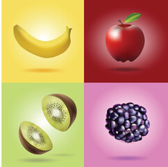 Realistic Fruit Set - Banana, Apple, Kiwi, and Blackberry - Vector Illustration