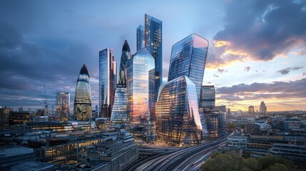 Fototapeta premium Stunning sunset cityscape with modern skyscrapers and train tracks.
