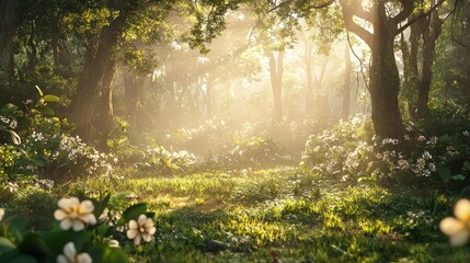 Fototapeta premium Sunlit forest path with blooming flowers and fog.