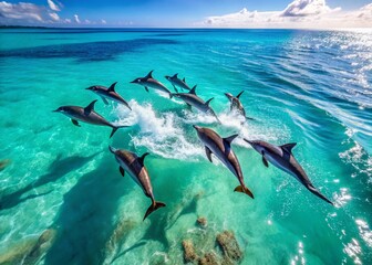 Obraz premium Aerial Drone Shot of Spinner Dolphins Playing in Ocean Waves