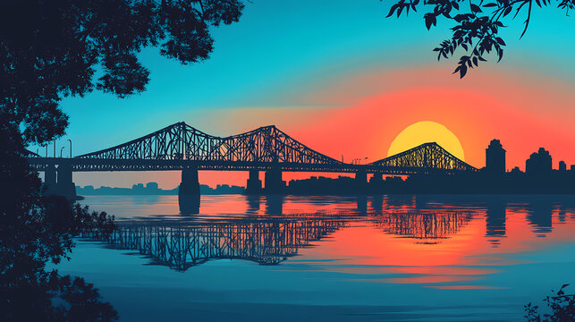 Historic howrah bridge in kolkata during sunset over blue sky. Reflection - Lake. Illustration
