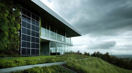 Obraz premium Modern eco-friendly house with solar panels and green wall.