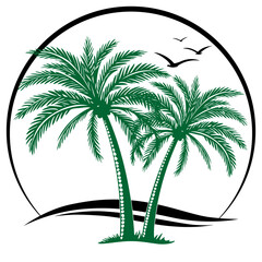 Palm tree and birds seagulls vector illustration. Black palm trees silhouette on white background. Coconut palm tree icon or logo. Simple art for tourism. Flat design for promotional Items.