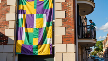 Geometric Mardi Gras banner fluttering by architectural facade, celebration