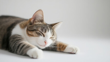 Naklejka premium Graceful feline stretching in serene studio atmosphere for pet lovers and interior decor