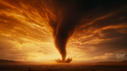 A dramatic tornado illuminated by a colorful sunset