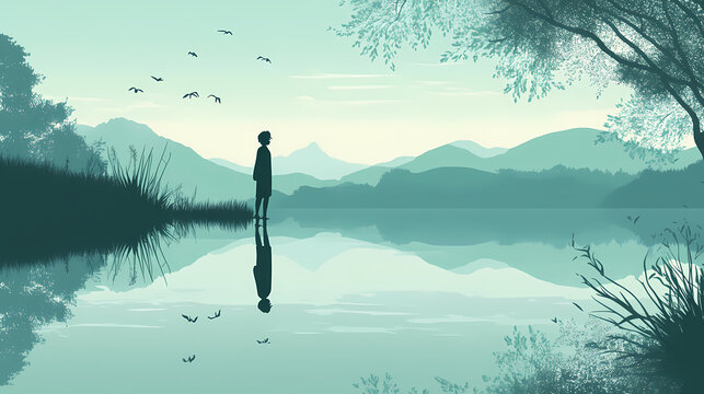 Person reflecting on gratitude in a serene environment, gratitude, minimal illustration. Reflection - Lake. Illustration