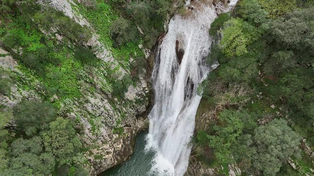 Aerial view of Polylimnio Waterfall in Messinia, Greece after heavy rainfall