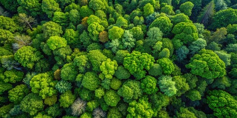 Naklejka premium Aerial Panoramic View of Lush Green Forest Canopy, Diverse Treetops, Sunlight Dappled