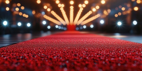 Elegant red carpet leading to a dazzling stage adorned with bright lights at a glamorous event venue