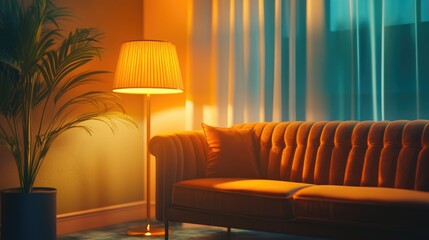 Warm Evening Glow: Orange Sofa, Floor Lamp, and Tropical Plant in Cozy Living Room