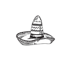 Mexican ethnic sombrero hat isolated element. Vector drawing illustration for icon, game, packaging, banner. Wild west, Mexico concept. Traditional Mexican wide brimmed hat.