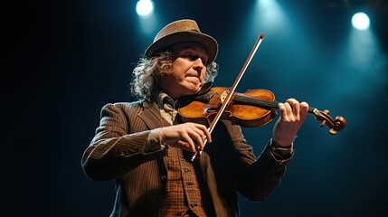 Musician plays violin under warm, dramatic lighting on stage during a performance