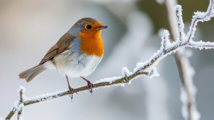 Robin perched on frosty branch, winter scene