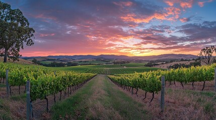 Sunset over vineyard landscape with rows of grapevines and mountains