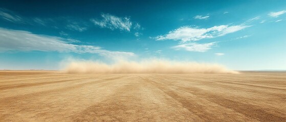 Desert dust storm, flat landscape, blue sky. Travel, nature