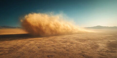 Fototapeta premium Desert dust cloud, vehicle driving, mountains background, adventure
