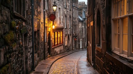 Obraz premium Cobblestone alleyway at twilight, illuminated by warm lamplight.