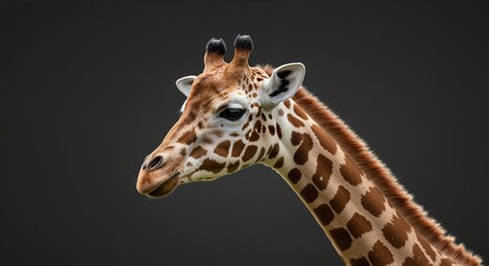 Obraz premium Giraffe portrait with distinct patterns and gentle expression showcasing its attributes against a soft dark background