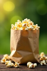 A kraft paper bag holds popcorn kernels in a natural setting , container, earthy, bag