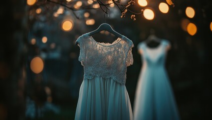 Elegant Wedding Dresses Hanging in the Twilight