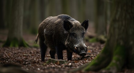 Wild Boar Foraging in Dark Forest Wildlife Photography