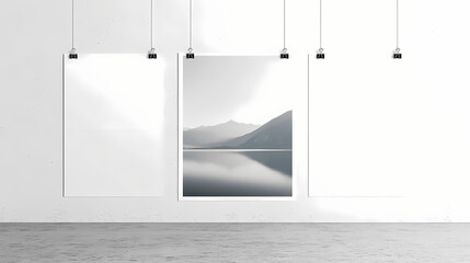 Blank white poster hanging up with clips mockup. ai generative. Reflection - Lake. Illustration