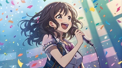 Anime-style singer performing on stage with confetti - A joyful anime-style illustration of a young female singer performing on stage with a microphone, surrounded by colorful confetti and lights. 