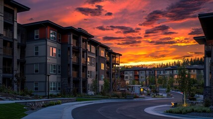 Obraz premium Vibrant sunset over modern apartment complex.