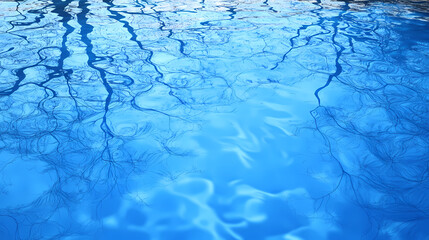 Naklejka premium Calm blue pool water reflecting trees, peaceful atmosphere, blue reflection. Reflection - Lake. Illustration