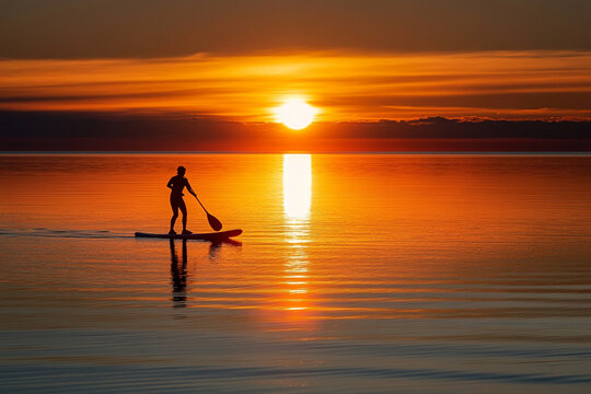 Paddleboarder glides across calm waters during sunset with vibrant colors reflecting on the surface